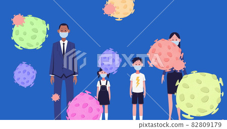 Multiple Covid -19 cells over family wearing face masks against blue background 82809179