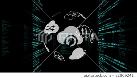 Image of a rotating icons globe over information scrolling on background 82809241