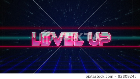 Retro Level Up text glitching over blue and red lines 4k 82809243