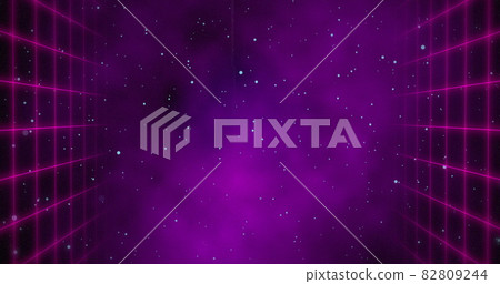 Red squared walls moving over universe background with purple fog in the center 4k 82809244