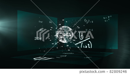 Image of a globe with numbers spinning over three boards mathematical and equations floating 82809246