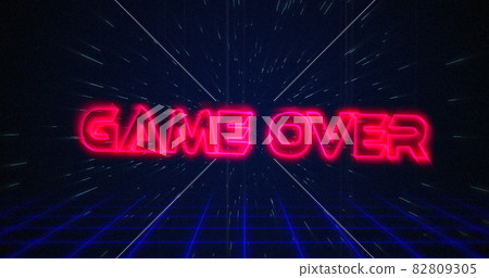 Retro Game over text glitching over blue and red squares on white hyperspace effect 82809305