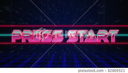Retro Press Start text glitching over blue and red lines on white hyperspace effect 82809321