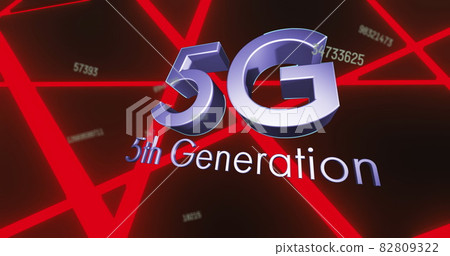 Image of 5g 5th generation text and numbers changing over glowing red lines background 82809322