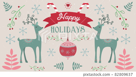 Image of Happy Holidays words and moving deers on Christmas decorations background Image of Happy Holidays words and moving deers on Christmas decorations background 82809637