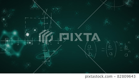 Image of mathematical formula and shapes moving on green background Image of mathematical formula and shapes moving on green background 82809643