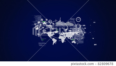 Image of scopes scanning, network of connections and data processing over world map Image of scopes scanning, network of connections and data processing over world map 82809678