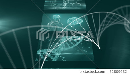 Image of dna spinning and screens with medical data processing Image of dna spinning and screens with medical data processing 82809682