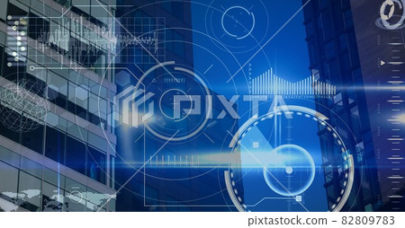 Financial data processing over modern cityscape on blue background Financial data processing over modern cityscape on blue background 82809783