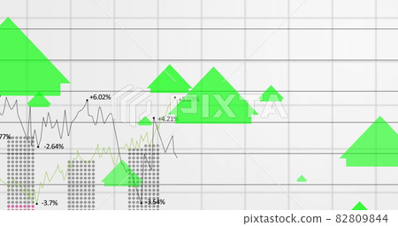 Image of statistics recording and green arrows pointing up moving on grid on white background Image of statistics recording and green arrows pointing up moving on grid on white background 82809844