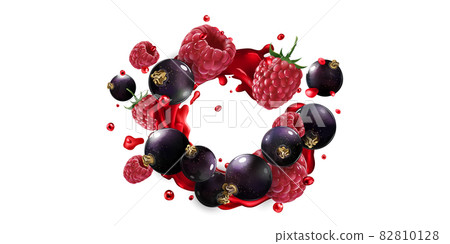 Black currants and raspberries in a splash of red fruit juice. Black currants and raspberries in a splash of red fruit juice. 82810128