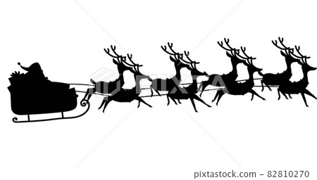 Digital image of black silhouette of santa claus in sleigh being pulled by reindeers Digital image of black silhouette of santa claus in sleigh being pulled by reindeers 82810270