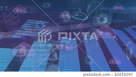 Image of scopes scanning and data processing over digital clouds with arrows and percent growing 82810297