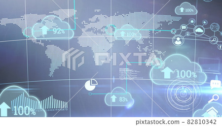 Image of blue clouds with rising numbers and arrows floating oer a world map 82810342