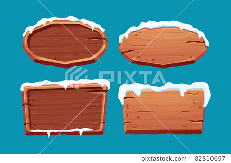 Set old wooden blank, signboard with snow in cartoon style.Empty frame, direction plank isolated on white background. Seasonal decoration 82810697