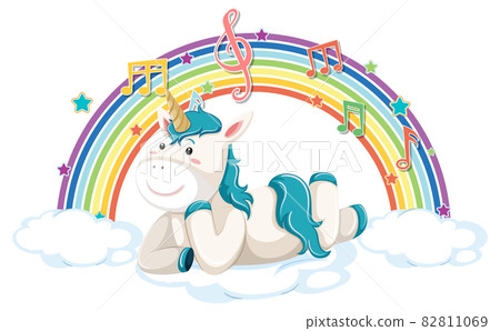 Unicorn laying on cloud with rainbow and melody symbol 82811069