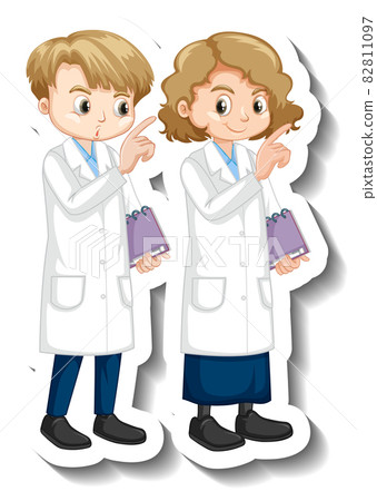 Cartoon character sticker with children in science gown Cartoon character sticker with children in science gown 82811097