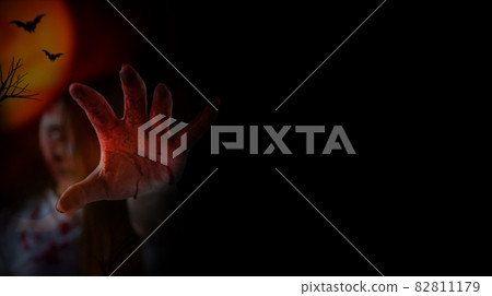Zombie woman costume and makeup for Halloween Festival. Scary ghost with horror and darkness Scene. Zombie woman costume and makeup for Halloween Festival. Scary ghost with horror and darkness Scene. 82811179