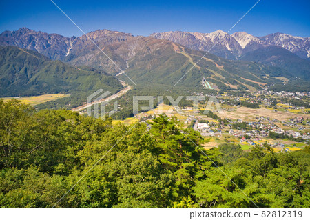 Superb view of Ushirotateyama mountain range and Hakuba village from the top of the former Highland ski resort Hakuba village, Nagano prefecture (aerial view by drone) Superb view of Ushirotateyama mountain range and Hakuba village from the top of the former Highland ski resort Hakuba village, Nagano prefecture (aerial view by drone) 82812319