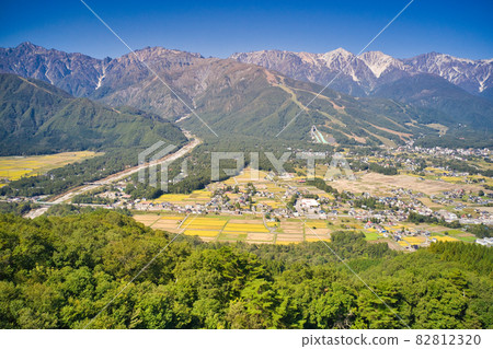 Superb view of Ushirotateyama mountain range and Hakuba village from the top of the former Highland ski resort Hakuba village, Nagano prefecture (aerial view by drone) Superb view of Ushirotateyama mountain range and Hakuba village from the top of the former Highland ski resort Hakuba village, Nagano prefecture (aerial view by drone) 82812320