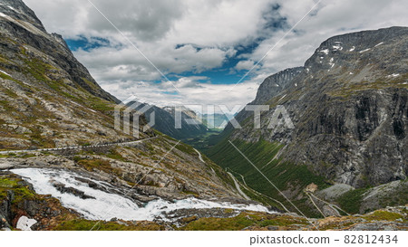 Trollstigen, Andalsnes, Norway. Serpentine Mountain Road Trollstigen. Famous Norwegian Landmark And Popular Destination. Norwegian County Road 63 In Summer Day. 4K Trollstigen, Andalsnes, Norway. Serpentine Mountain Road Trollstigen. Famous Norwegian Landmark And Popular Destination. Norwegian County Road 63 In Summer Day. 4K 82812434