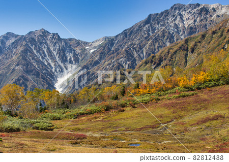 Beautiful autumn colors of the marshland and powerful Hakuba Sanzan / Hakuba Taisetsukei Tsugaike Natural Garden Otari Village, Nagano Prefecture 82812488