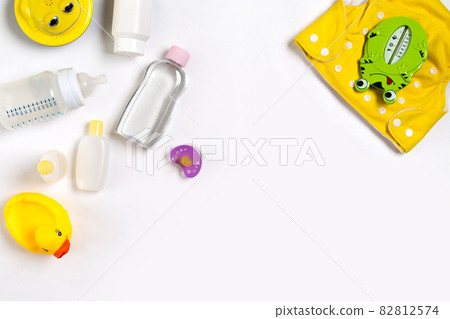 Cosmetics for newborns on a white background. Top view 82812574
