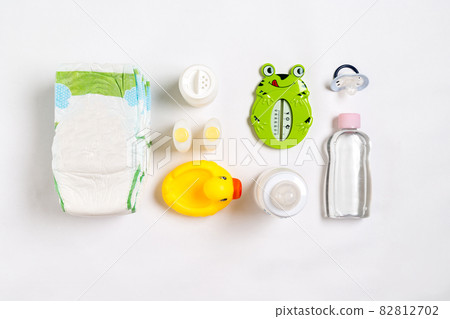 Cosmetics for newborns on a white background. Top view 82812702