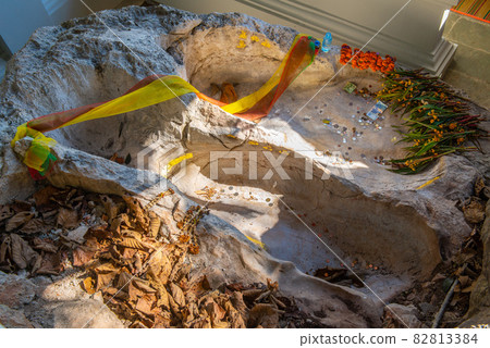The mystery Buddha footprints in Wat Chaloem Phra Kiat temple in Lampang province of Thailand. Those footprints have been being respected by villagers in Chae Hom County all long. 82813384