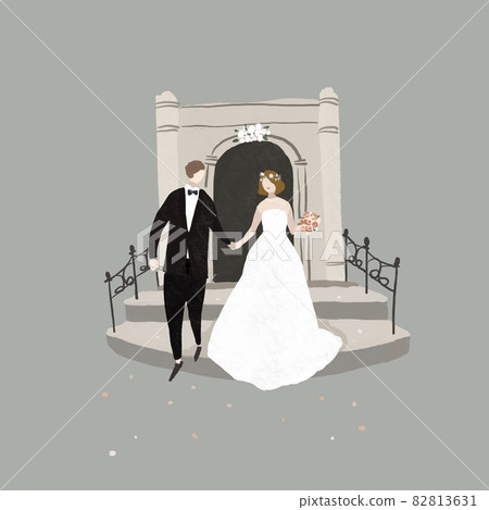 Bride and groom leaving the wedding hall holding hands, flower shower, wedding, wedding, wedding, (Bride B) 82813631