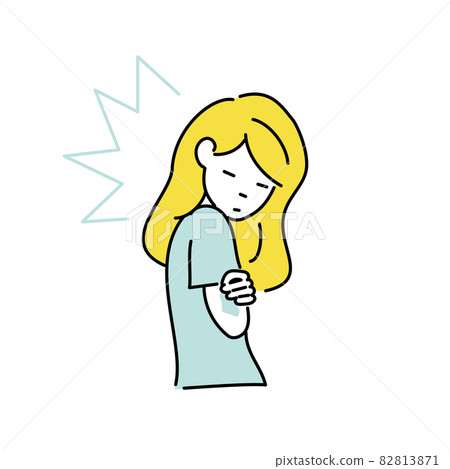 Illustration of a woman who is surprised to notice a bruise on her upper arm 82813871