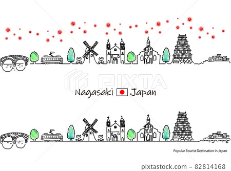 Nagasaki Prefecture tourist destination cityscape and simple line drawing set of new coronavirus 82814168