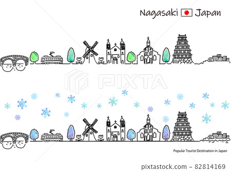冬季長崎縣觀光景點的簡單線描圖 82814169