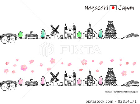 Cityscape simple line drawing set of sightseeing spots in Nagasaki prefecture in spring 82814171