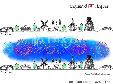 煙花與長崎縣觀光景點街景的簡單線描 82814172