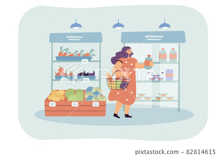 Female cartoon customer choosing goods in supermarket Female cartoon customer choosing goods in supermarket 82814615