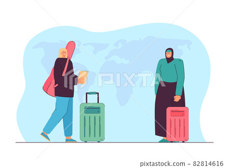 European and Arabic female travelers with luggage European and Arabic female travelers with luggage 82814616