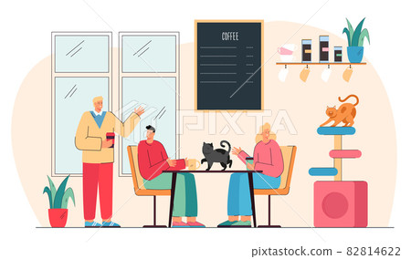 Cute cartoon couple drinking coffee in cat cafe 82814622