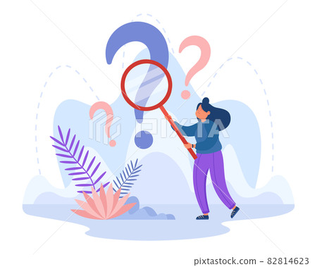 Curious analyst investigating question mark with magnifier Curious analyst investigating question mark with magnifier 82814623