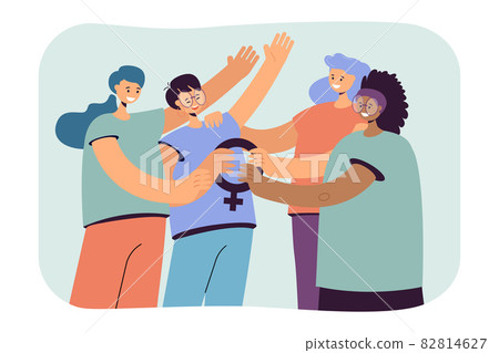 Cartoon women holding female symbol together 82814627