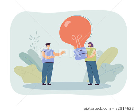 Cartoon woman giving giant lightbulb to man 82814628
