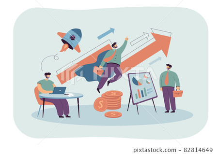 Businessman working at table and flying like superhero 82814649