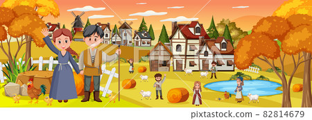 Medieval town at sunset time scene with villagers-插圖素材 [82814679] - PIXTA圖庫