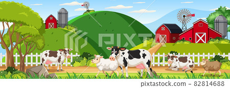 Farm horizontal landscape scene with farm animals - Stock Illustration ...