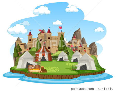 Military medieval camp on white background Military medieval camp on white background 82814719