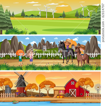 Set of different nature landscape at daytime scene with cartoon character 82814797