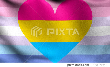 Bigender Pansexual Combo Pride flag blowing in the wind. 3D rendering illustration of waving sign. Heart shape 82814932