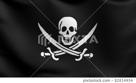 Pirate, Jolly Roger flag blowing in the wind. 3D rendering illustration of waving skull sign. Captain ship Pirate, Jolly Roger flag blowing in the wind. 3D rendering illustration of waving skull sign. Captain ship 82814934