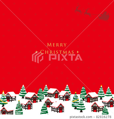 聖誕城市景觀和聖誕老人圓點圖案雪紅色背景,帶方形字母 聖誕城市景觀和聖誕老人圓點圖案雪紅色背景,帶方形字母 82816278