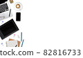 flat lay workspace table with laptop computer, office supplies, coffee cup, tablet and cell phone on white background 82816733